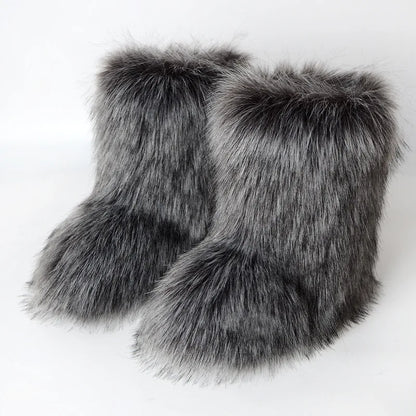Women's Winter Snow Boots Outdoor Luxury Furry Faux Fox Fur Boots Woman Plush Warm Platform Shoes New Fashion Bottes Big Size 46