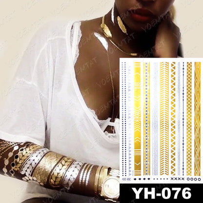 Waterproof Temporary Tattoo Sticker Flowers Mandala Henna Golden Silvery Metallic Flash Tatoo Boho Hand Jewelry Glitter Body Art