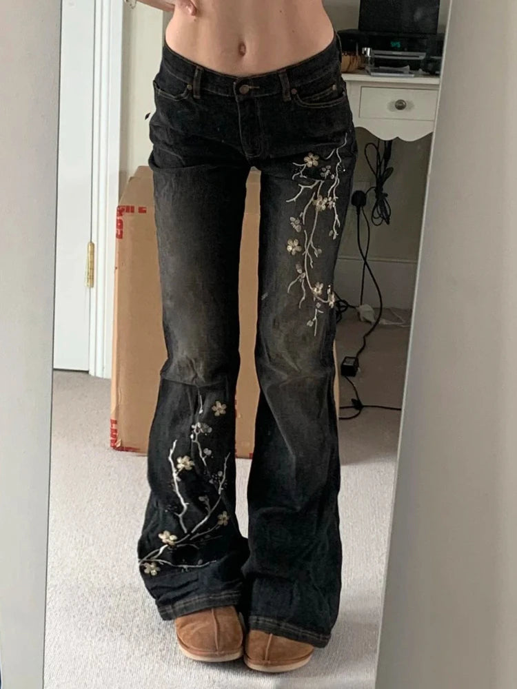 American Retro Flare Jeans Low Waist E-girl Slim Bandage Bottoms Women Fashion Black Cotton Denim Pant Trousers Y2K High Street