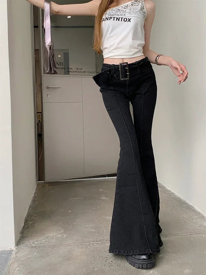 American Retro Flare Jeans Low Waist E-girl Slim Bandage Bottoms Women Fashion Black Cotton Denim Pant Trousers Y2K High Street