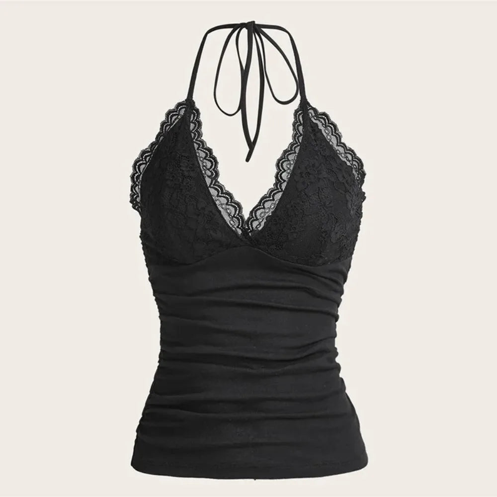 Black Lace Patchwork Halter Top Women Summer Solid Ruched Backless Sleeveless Tank Top Streetwear Clothes