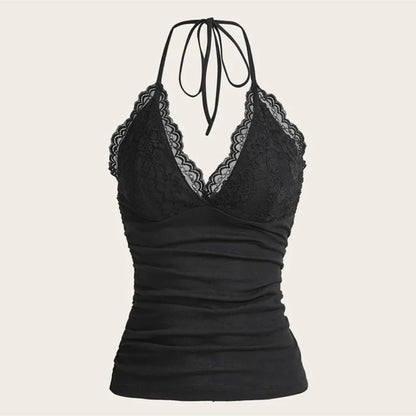 Black Lace Patchwork Halter Top Women Summer Solid Ruched Backless Sleeveless Tank Top Streetwear Clothes