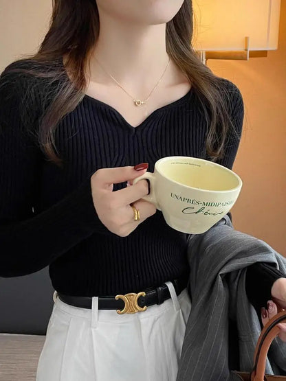 2025 Basic V-neck Chic  Autumn Winter Pullover Women Female Knitted Ribbed Sweater Slim Long Sleeve Badycon High Quality Sweater