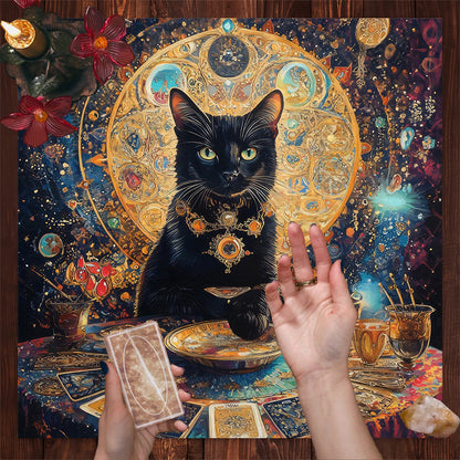 Colorful Mandala Black Cat Altar Cloth Tarot Tablecloth Witchcraft Cat & Moon Starry Sky Divination Cloth Tarot Mat Home Decor