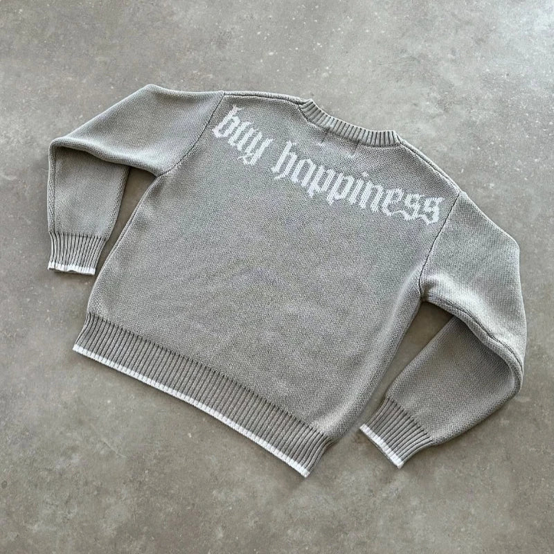 Y2K Grey Long Sleeve Sweater Dollar Gothic Embroidery Pullover Goth Retro Casual Streetwear Old Money Men Boxy Knitted Clothing