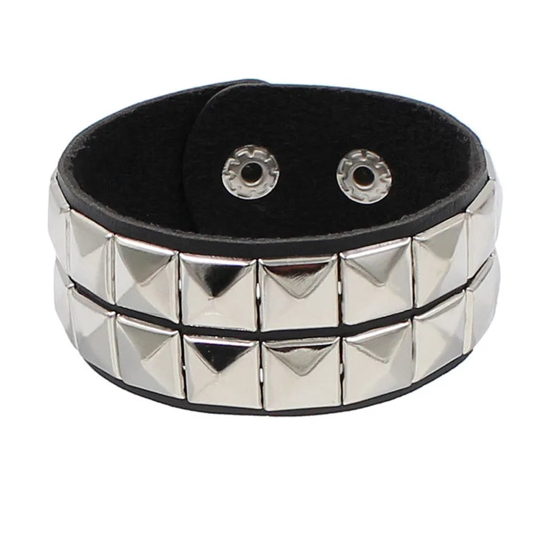 90s Fashion Punk Style Bracelet Personality PU Leather Three Rows Spikes Square Stud Bracelets Bangle 2024