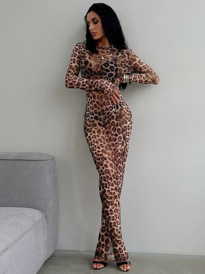 Hugcitar Leopard Print Mesh Long Sleeve Sexy Slim  See Through Maxi Dress Fall Women Fashion Outfits Beach Vacation Club
