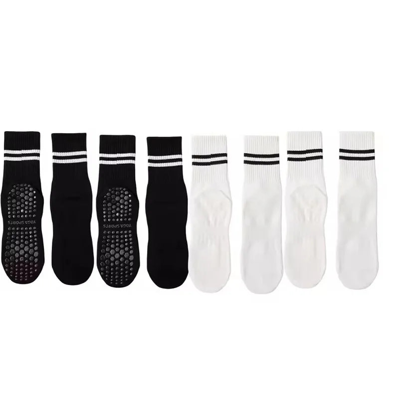 4 Pairs of Mid Tube Double Bar Striped Yoga Socks Anti Slip Dance Sports Breathable Socks Fitness Pilates Cotton Socks