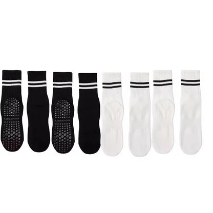 4 Pairs of Mid Tube Double Bar Striped Yoga Socks Anti Slip Dance Sports Breathable Socks Fitness Pilates Cotton Socks