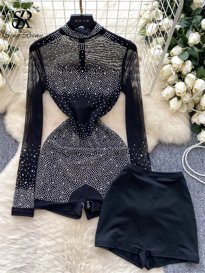 SINGREINY Summer Thin Sheer Sexy Bodysuit Long Sleeve Zipper With Shorts Design Rompers Beadings Streetwear Women Mesh Playsuits