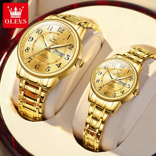 OLEVS 2891 Original Quartz Couple Watch Brand Luxury Double Calendar Waterproof Date Clock His and Her Watch Gift Couple Watch