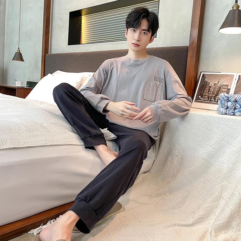 Spring Autumn Plus 4XL Knitted Men's Sleepwear Letter Lattice Pajamas Plaid Pajamas Sets Casual Loungewear Pyjamas Night Fashion