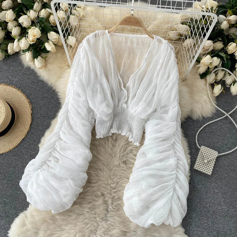 Women Sexy Chiffon Short Blouse Female See Through Super Long Sleeve Blusas Purple/Green/Black/White Folds Party Tops 2022 New