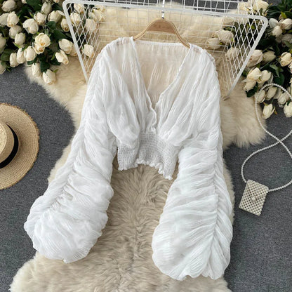 Women Sexy Chiffon Short Blouse Female See Through Super Long Sleeve Blusas Purple/Green/Black/White Folds Party Tops 2022 New