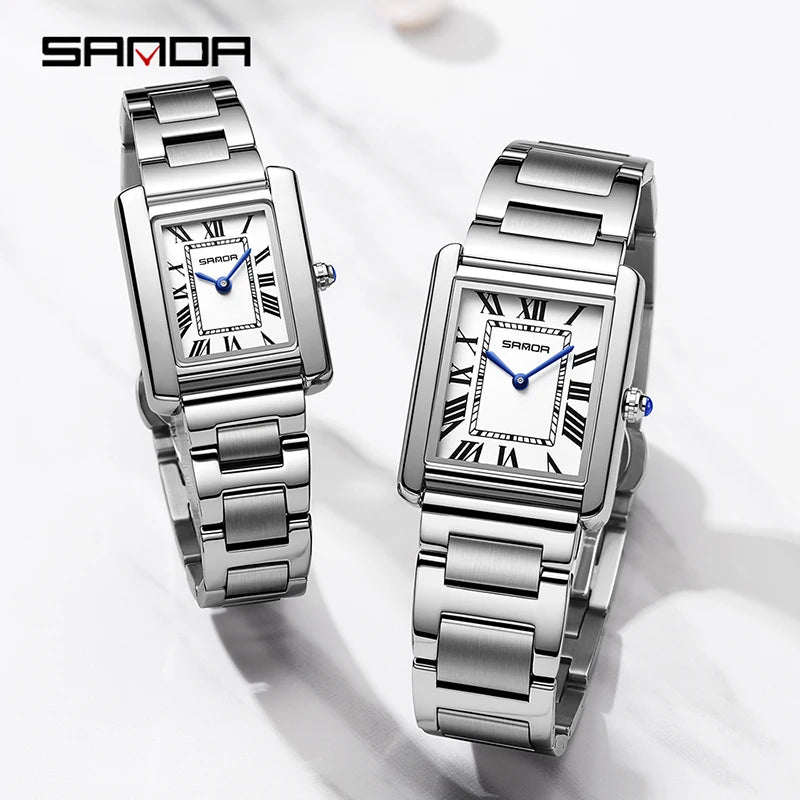 SANDA Men Quartz Watch Waterproof Casual Fashion Couple Watch Wear Resistant Stainless Strap Square Dial Design Women Lover Gift