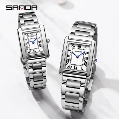 SANDA Men Quartz Watch Waterproof Casual Fashion Couple Watch Wear Resistant Stainless Strap Square Dial Design Women Lover Gift