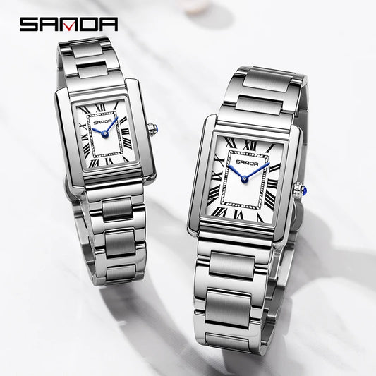 SANDA Men Quartz Watch Waterproof Casual Fashion Couple Watch Wear Resistant Stainless Strap Square Dial Design Women Lover Gift