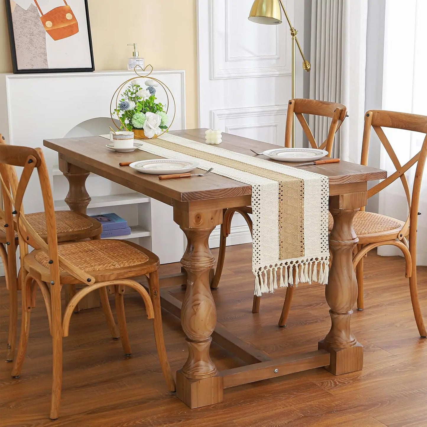 Boho Farmhouse Linen Table Runner with Tassels¨CRustic Macrame, Burlap & Cotton Blend for Summer Home Decor and Holiday Events