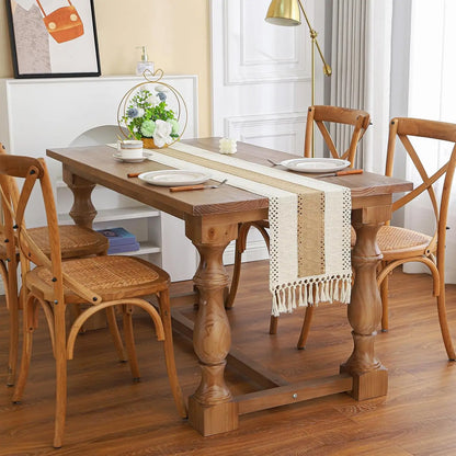 Boho Farmhouse Linen Table Runner with Tassels¨CRustic Macrame, Burlap & Cotton Blend for Summer Home Decor and Holiday Events