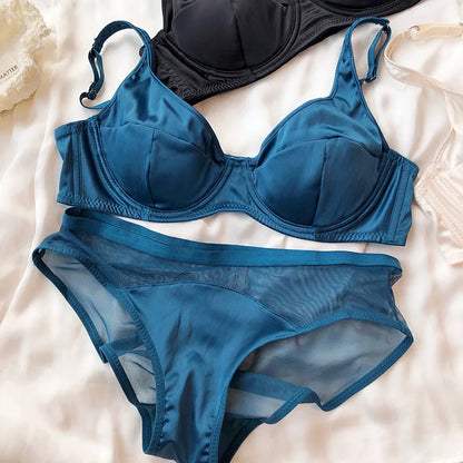 Women Ice Silk Comfort Underwear Sexy Small Breast Push Up Bra Set Detachable Padding Thin Cup Brassiere Intimates Panties Set