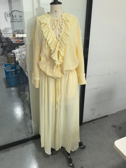Women Solid Chiffon Ruffle Yellow Blouse Sheer V-neck Lace Up Full Flared Sleeve Shirts 2025 Summer Lady Fashion Loose Top New