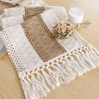 Boho Farmhouse Linen Table Runner with Tassels¨CRustic Macrame, Burlap & Cotton Blend for Summer Home Decor and Holiday Events