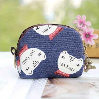 Women's Canvas Cartoon Prints Keychain Wallet Small Card Organizer Key Pouch Ladies Money Bag Coin Purse for Children Girls Boys