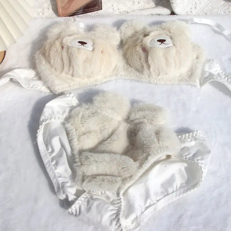 Japanese Girls Winter Soft Ropa Interior Cute Lingerie for Women Cartoon Bear Students Plush  Sexy Bras Wireless Thin Bra Set