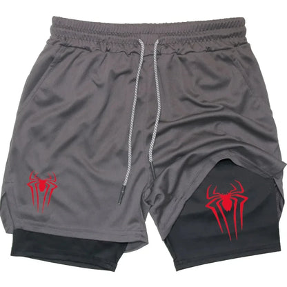 Y2K Performance Shorts Men Spider Printed GYM Casual Sports Compression Shorts Workout Running Mesh 2 In 1 Sport Short Pants