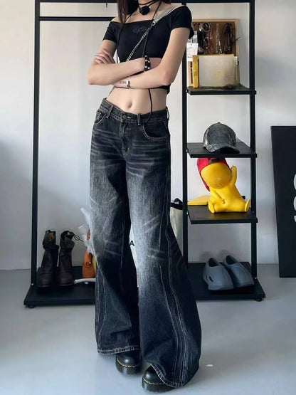American Retro Flare Jeans Low Waist E-girl Slim Bandage Bottoms Women Fashion Black Cotton Denim Pant Trousers Y2K High Street
