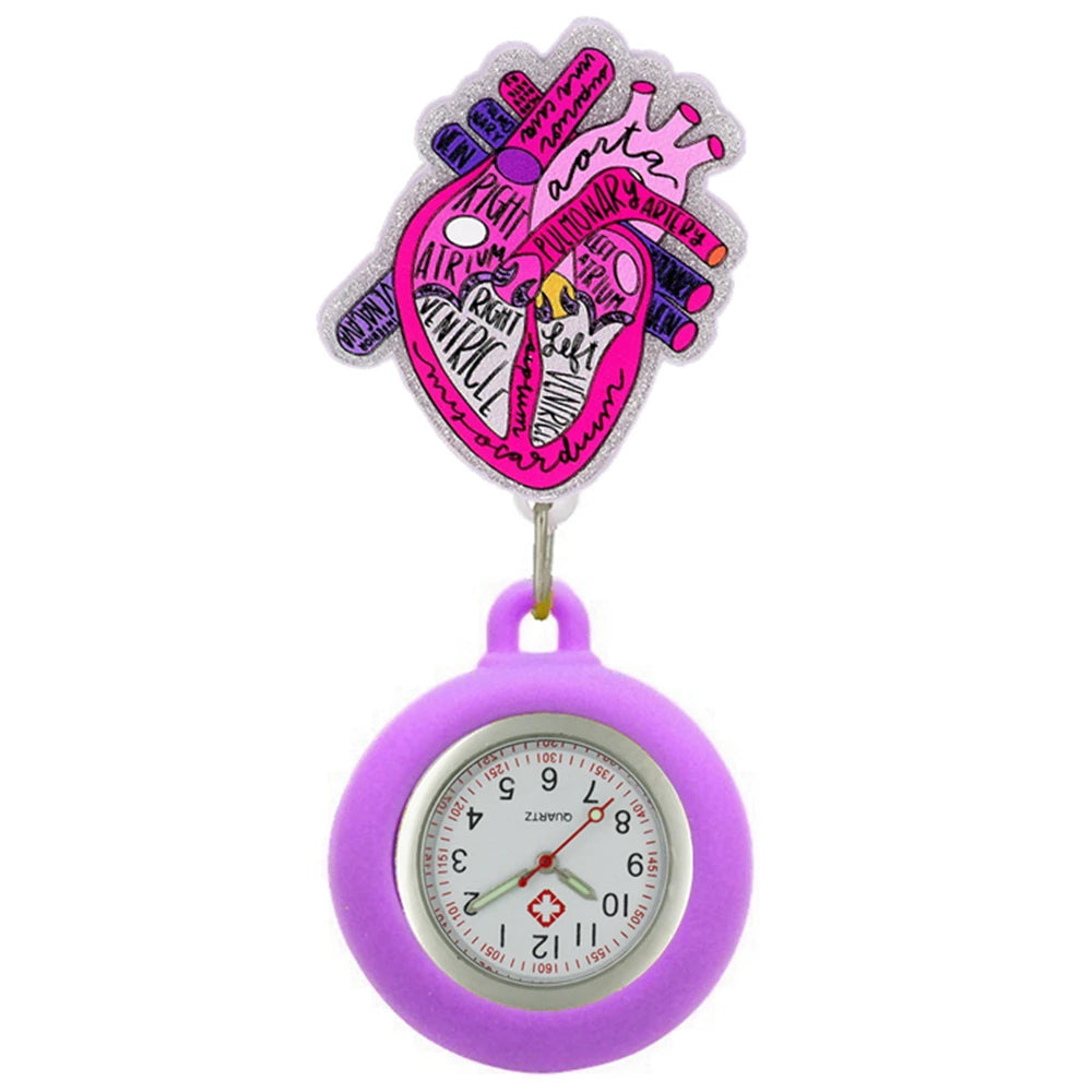 Heart Shape Icons Retractable Nurse Doctor Shiny Badge Reel Clip Pocket Watches Hospital Medical Working Office Hang Clock