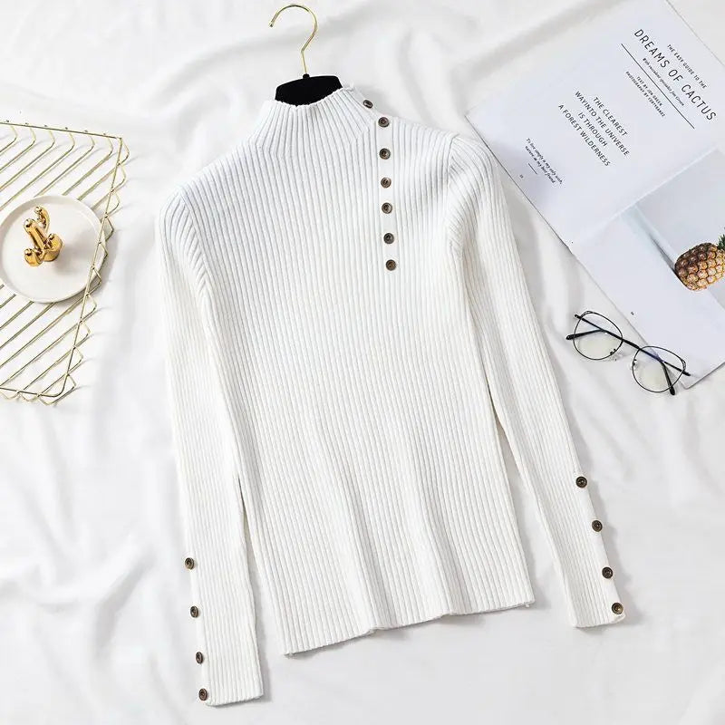 2025 Autumn Knitted Turtleneck Sweaters Women Solid Knitted Female Cotton Soft Elastic Color Slim Pullovers Button Full Sleeve