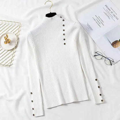 2025 Autumn Knitted Turtleneck Sweaters Women Solid Knitted Female Cotton Soft Elastic Color Slim Pullovers Button Full Sleeve