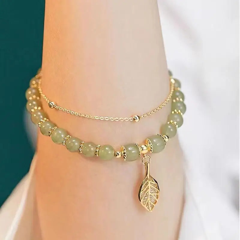 Chinese Style Green Jade Bracelet For Women Exquisite Gold Color Leaves Wrist Strap Bangle Double Chain Bracelet Girls Gifts