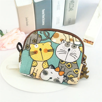 Women's Canvas Cartoon Prints Keychain Wallet Small Card Organizer Key Pouch Ladies Money Bag Coin Purse for Children Girls Boys