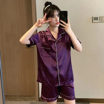 Solid Color Sleepwear Silk Satin Pajamas Couple Set Short-sleeved Pyjamas Suit Pijama Women Men Loungewear Plus Size Pj Set