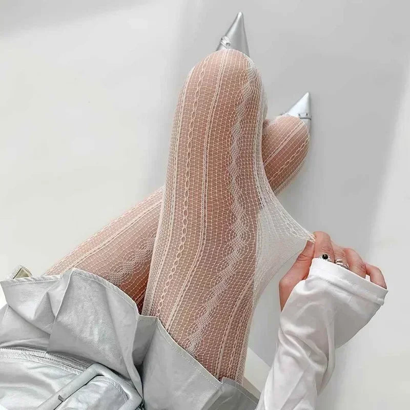 Women Sexy Lace Fishnet Stockings Lolita Hollow Out Solid Pantyhose JK Japanese Style High Waist Vintage Rhombus Striped Tights
