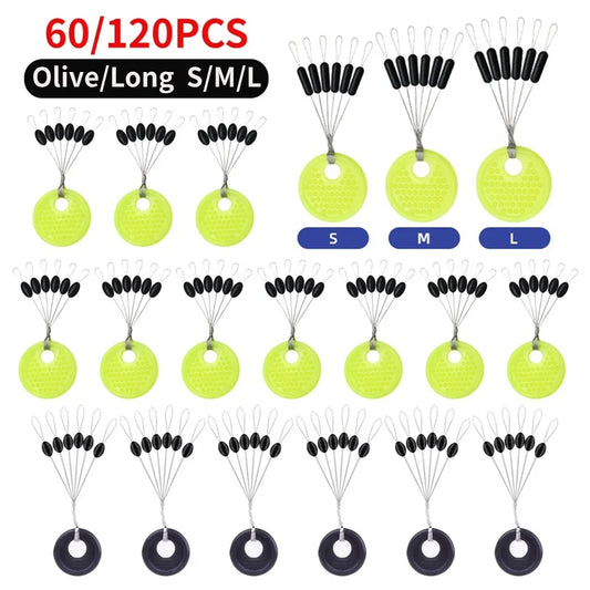 60pcs/Set 10 Group Rubber Space Beans?Stopper Oval/Long Column Shaped Fishing Line Space Beans Vertical Beans Fish Bobber Tools