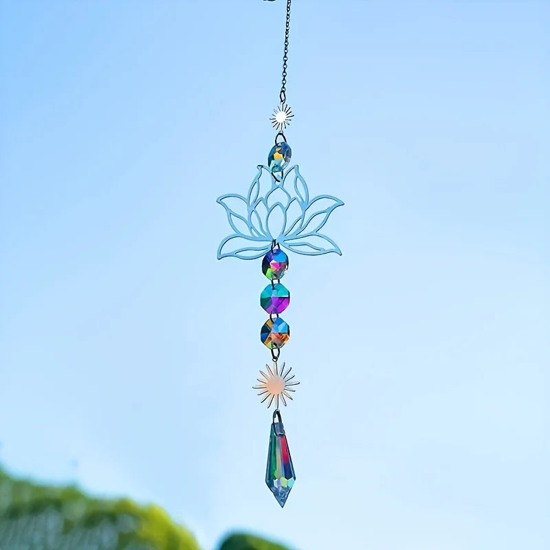 1PcMetalLotusandArtificial Crystal Suncatcher Charm Handmade Applicable Home Wind Chime Pendant Outdoor Garden Plant Decoration