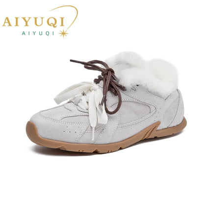 AIYUQI Women Sneakers New Genuine Leather Retro German Training Shoes Women Winter Velvet Fur Flat Casual Shoes Women