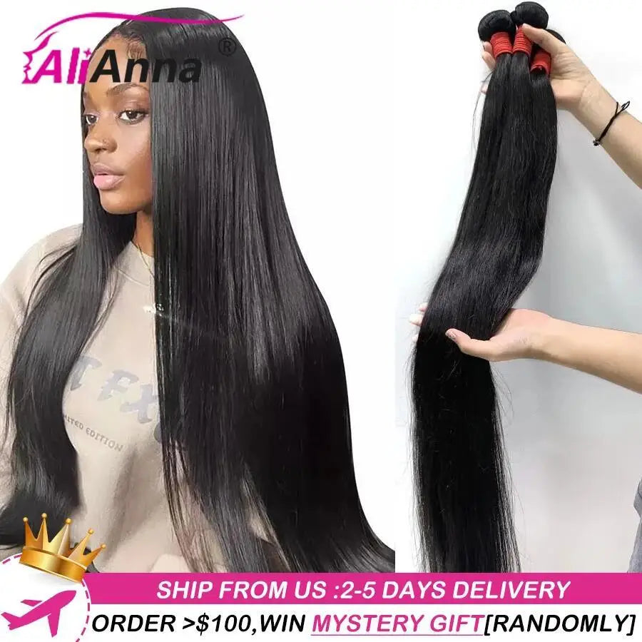 ALIANNA 26Inch Human Hair Bundles 10A Brazilian Raw Hair Weave Bundles 30 38 40 Inch Straight Human Hair Bundles Hair Extensions