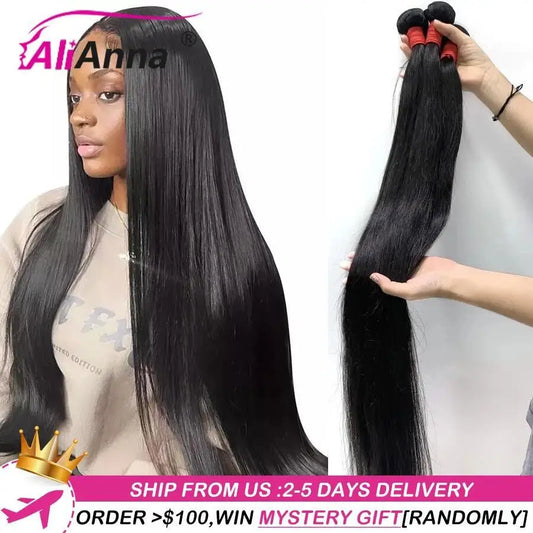 ALIANNA 26Inch Human Hair Bundles 10A Brazilian Raw Hair Weave Bundles 30 38 40 Inch Straight Human Hair Bundles Hair Extensions