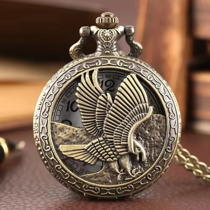 Vintage Necklace Pendant Steampunk Bronze Metal Eagle Antique Nostalgic Gift Pocket Watch with Chain