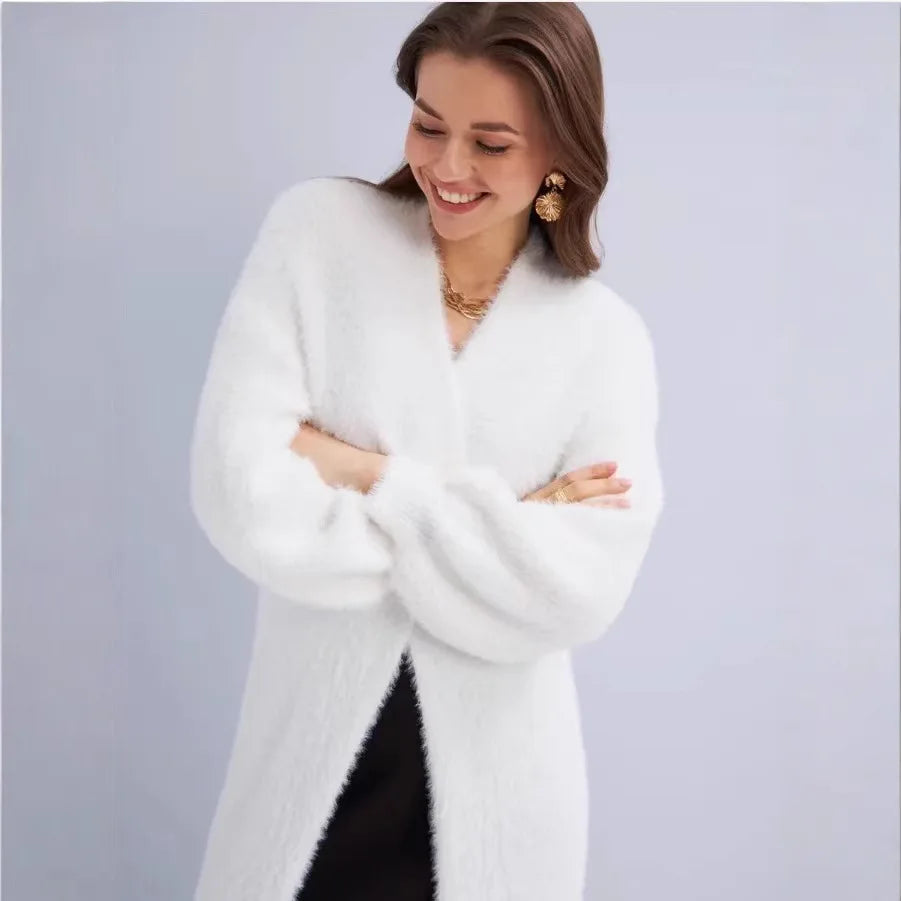 Autumn and winter loose and lazy style open knit coat, thick knee length imitation mink fur long sleeved sweater, warm jacket
