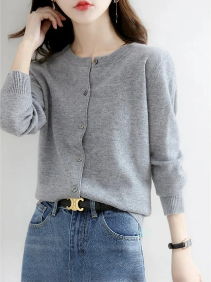 2025 New Worsted Spring And Autumn Women Cardigan Round Neck Knitwear Solid Color Fashion High-grade Knitwear Sweater