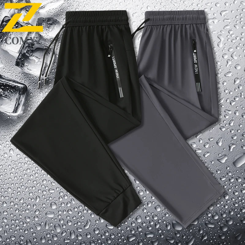 2025 Summer Men's Thin Ice Silk Casual Pants Loose Fit Plus Size Quick-Dry Elastic Joggers 9/4 Length Tapered Ankle Sweatpants