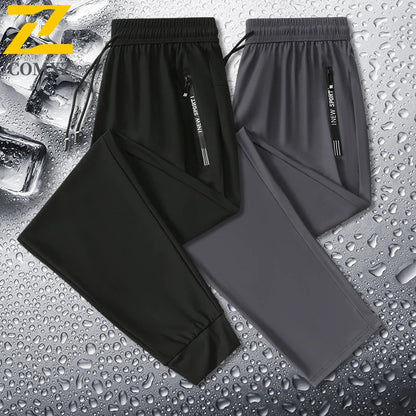 2025 Summer Men's Thin Ice Silk Casual Pants Loose Fit Plus Size Quick-Dry Elastic Joggers 9/4 Length Tapered Ankle Sweatpants