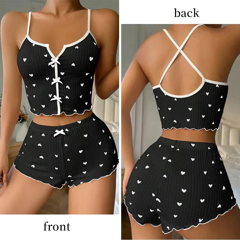 Sexy Sleepwear Women Pajamas Set Heart Print Silk Stain V-Neck Sleeveless Casual Cami Top and Shorts Sets Home Suit Loungewear