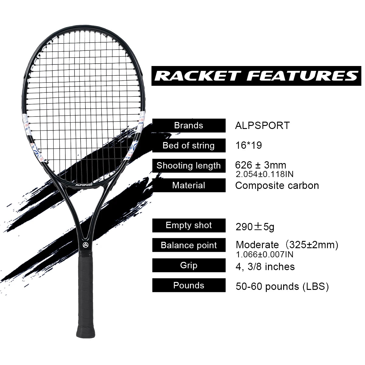 ALPSPORT Carbon Fiber Tennis Racket T800 18K-Professional Grade with Bag&Strap Lightweight Training Racquet for Adults Men&Women