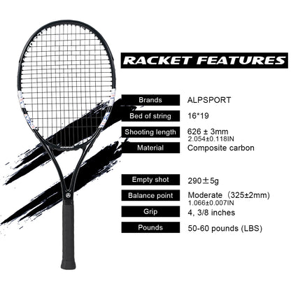 ALPSPORT Carbon Fiber Tennis Racket T800 18K-Professional Grade with Bag&Strap Lightweight Training Racquet for Adults Men&Women